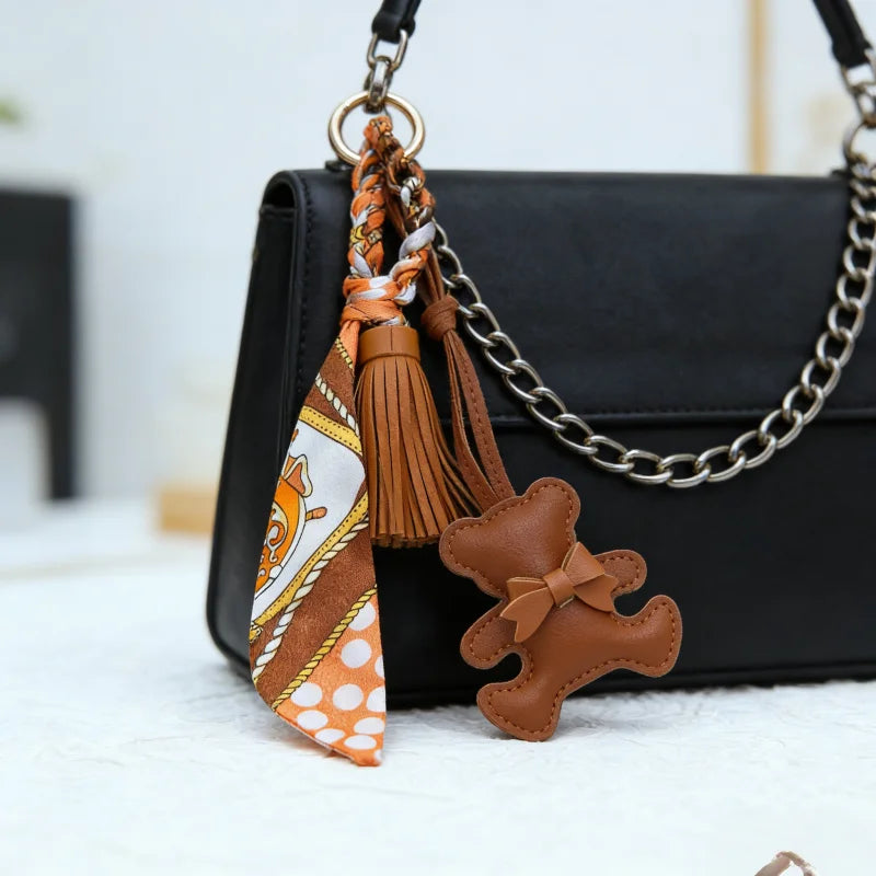 Bear Pendant Bag Charm with Korean Silk Scarf – Women's Bag Accessory & Gift