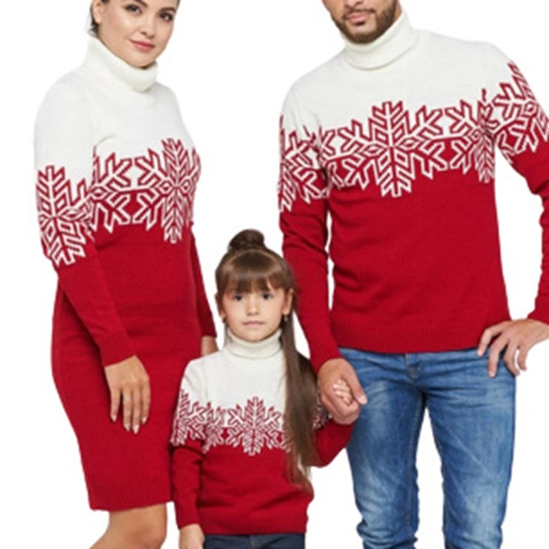 2025 New Christmas Family Look Mother Father Kids Matching Sweaters Warm Thick Turtleneck Knitwear Mom Knitted Dress Xmas Outfit