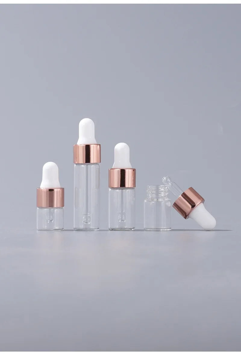 10/20pcs Mini Dropper Bottles Glass Empty Essential Oil Aromatherapy Bottles Rose Gold Cap Pipettes Bottles 1ml 2ml 3ml 5ml