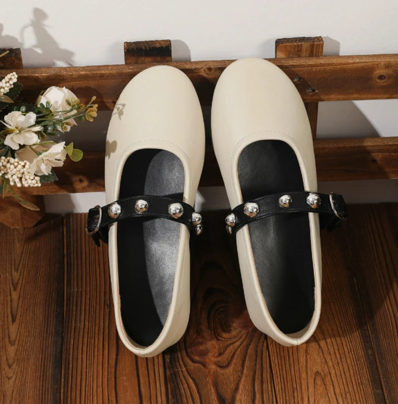 Ballet Flats for Ladies 2025 Spring Rivet Design Buckle Strap Soft Leather Women Footwear Light Comfortable Leisure Female Shoes