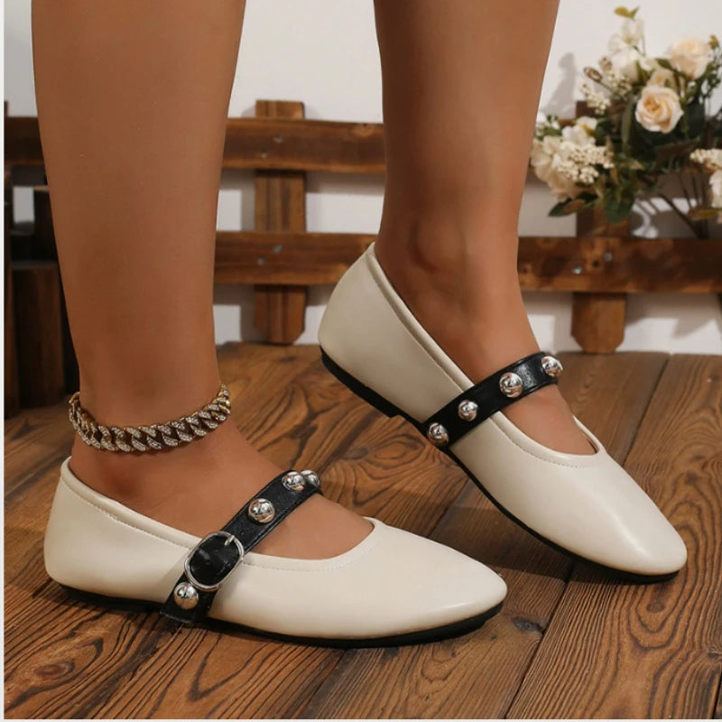 Ballet Flats for Ladies 2025 Spring Rivet Design Buckle Strap Soft Leather Women Footwear Light Comfortable Leisure Female Shoes