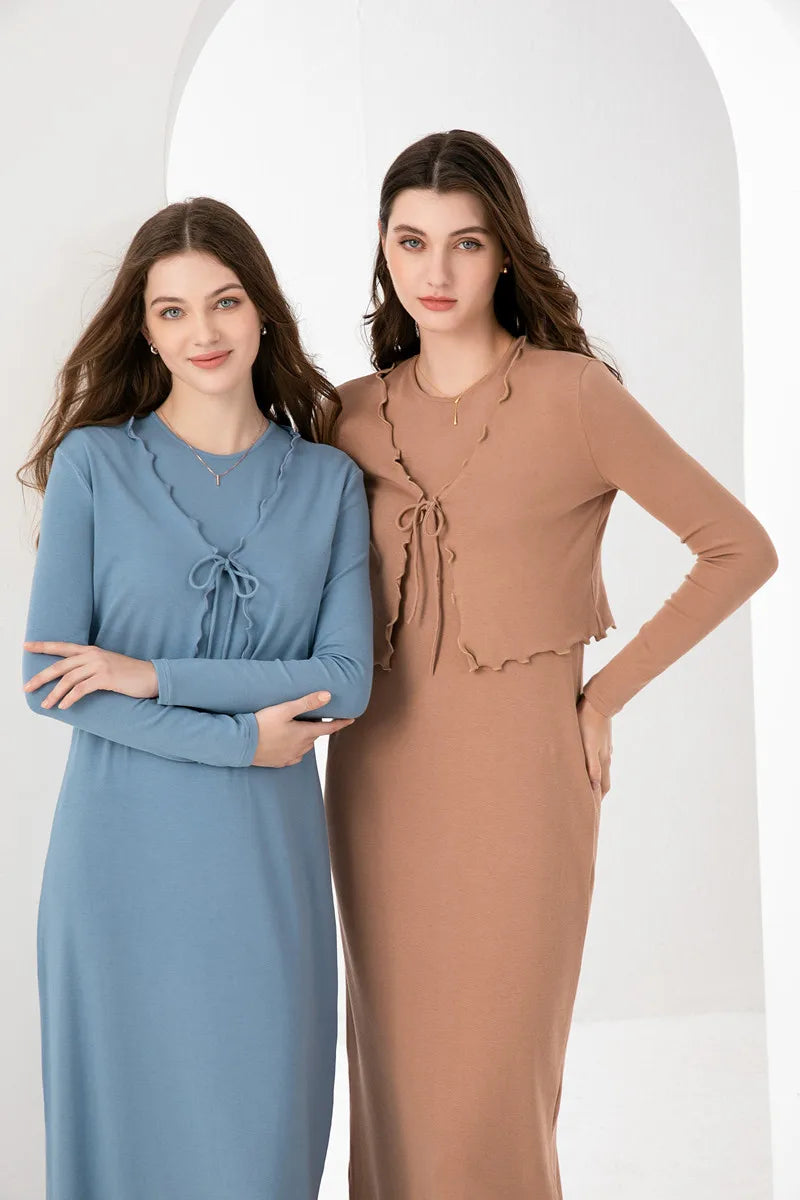 AS 2024 summer woman clothes lettuce cardigan + dress Ruffle Maxi Set nature fiber brand ribbing fabric(ship out in 1 day)