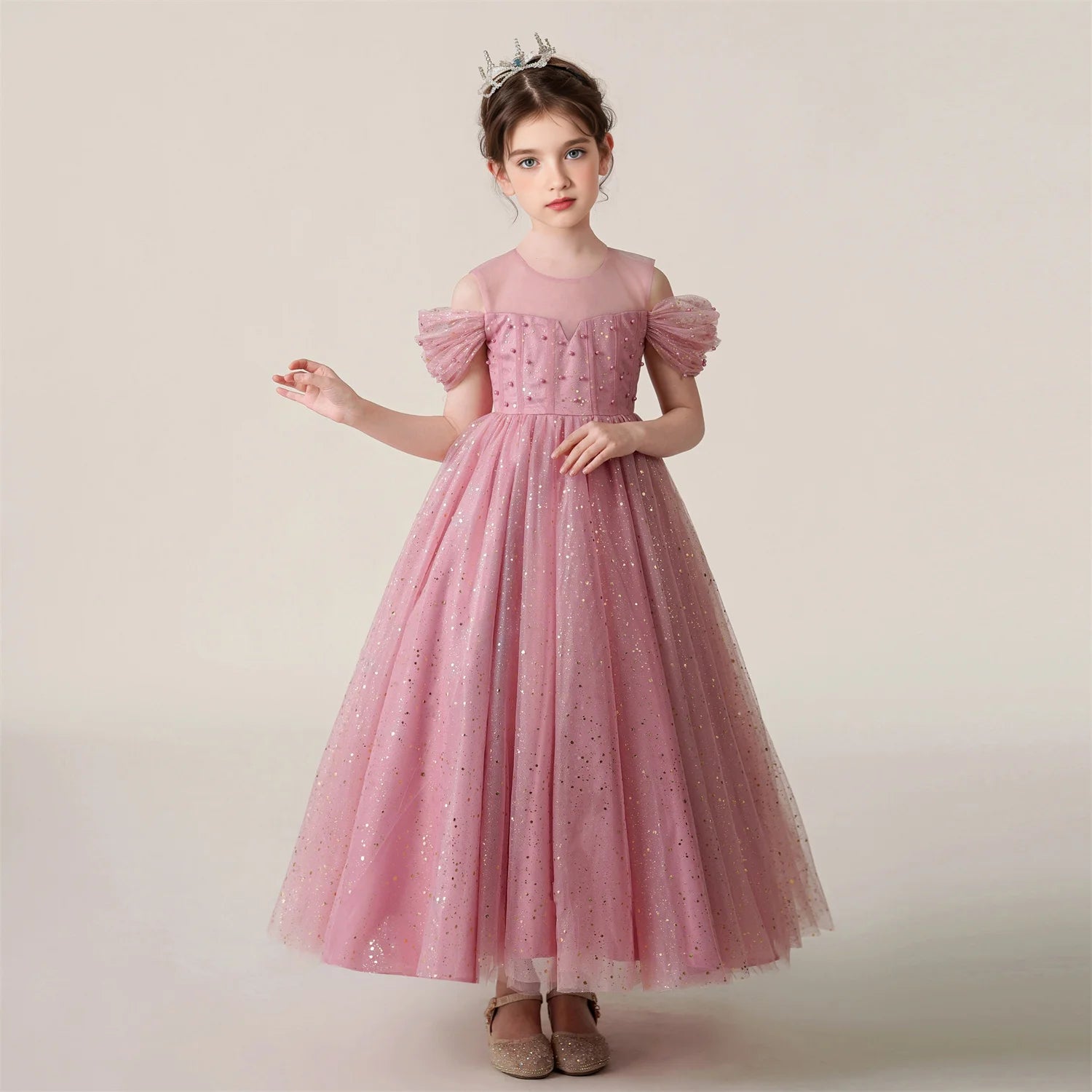 3-12 Year Children Pink Mesh Long Dress Wedding Dress Girl Princess Dress Girl Birthday Party Evening Dresses