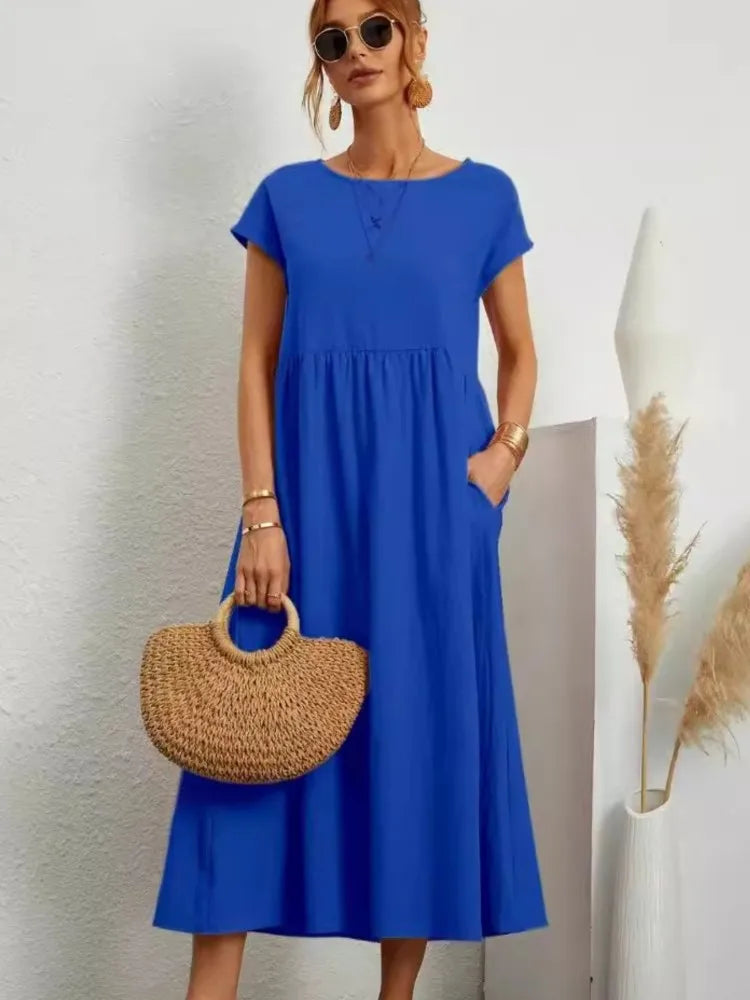 Women's Casual White Short Sleeve Midi Dress Summer Round Neck Cotton And Linen Vintage Loose Long Dresses With Pockets Y2K