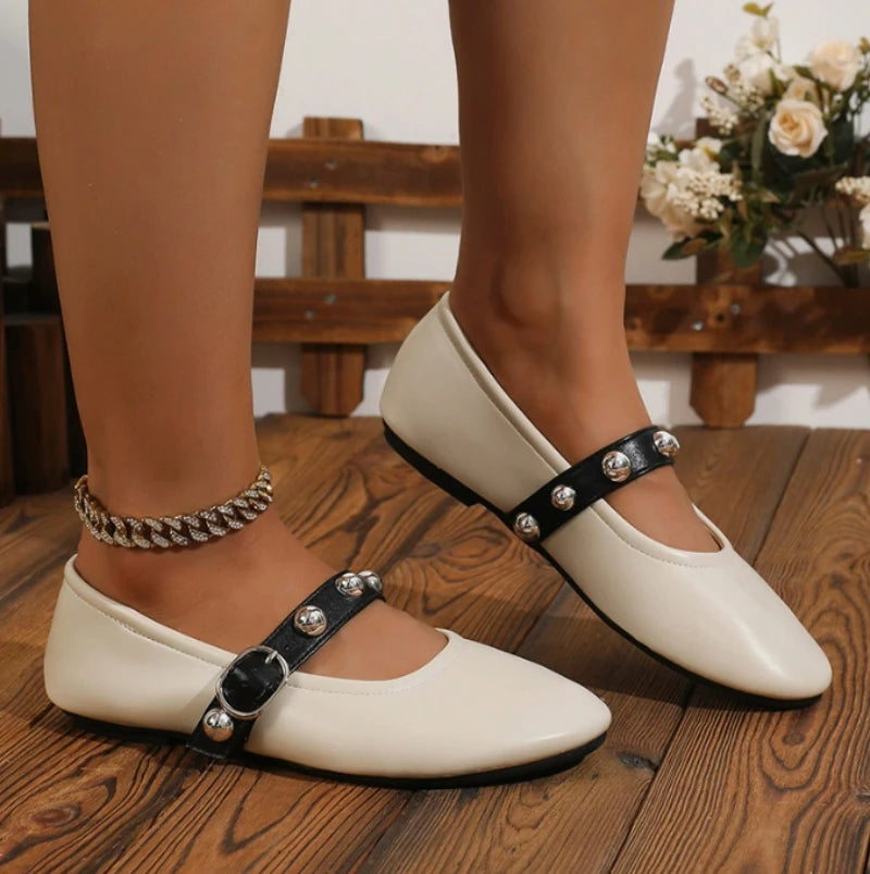 Ballet Flats for Ladies 2025 Spring Rivet Design Buckle Strap Soft Leather Women Footwear Light Comfortable Leisure Female Shoes