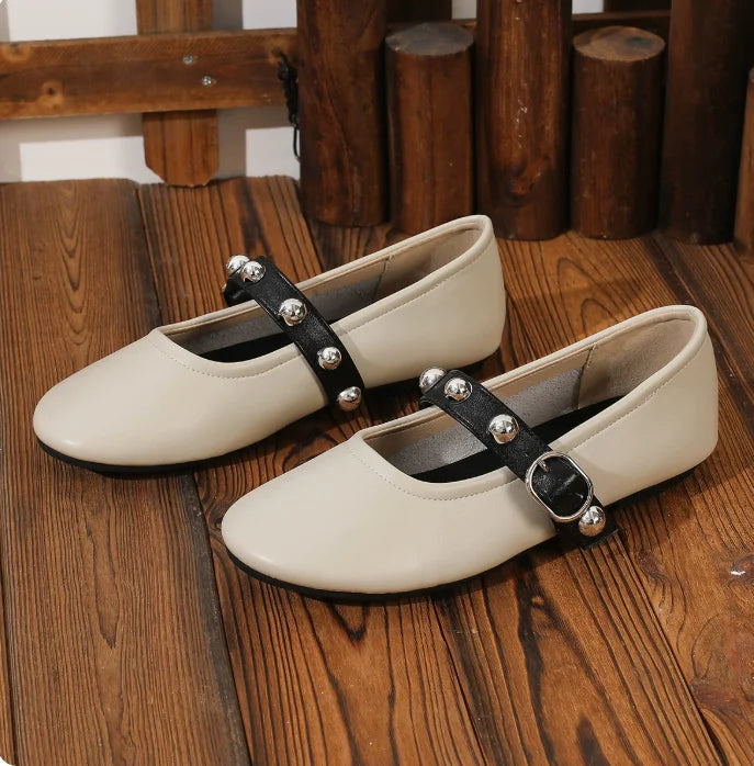 Ballet Flats for Ladies 2025 Spring Rivet Design Buckle Strap Soft Leather Women Footwear Light Comfortable Leisure Female Shoes