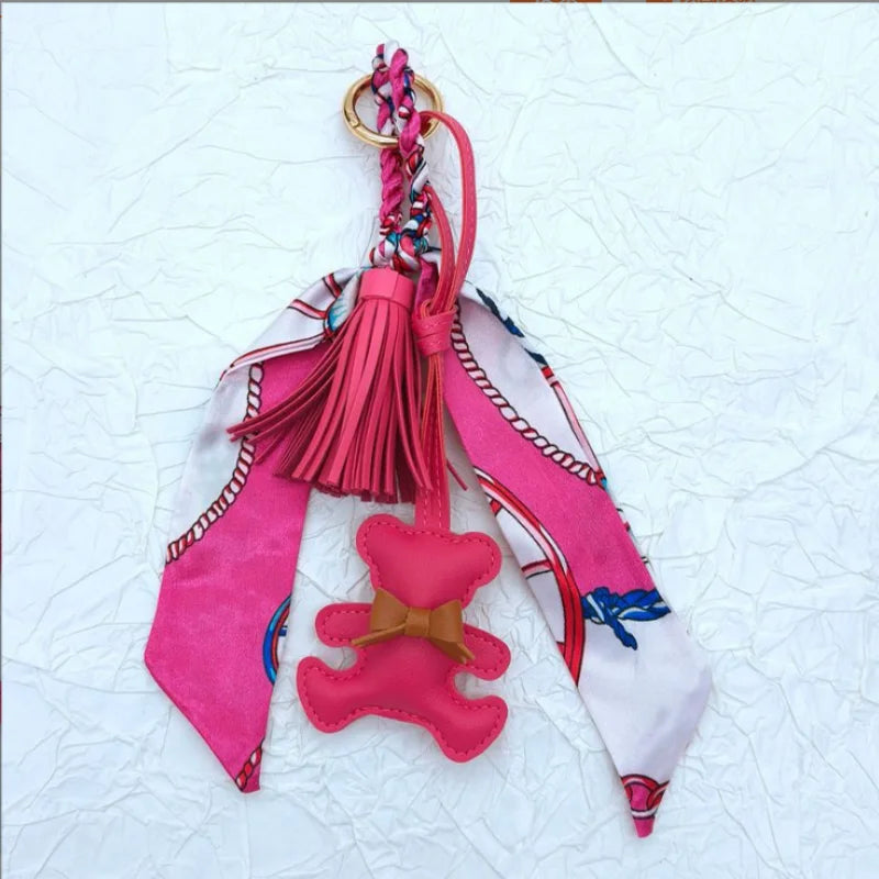 Bear Pendant Bag Charm with Korean Silk Scarf – Women's Bag Accessory & Gift