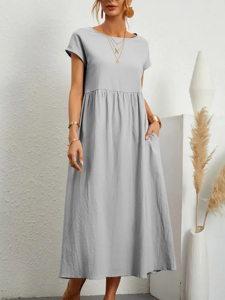 Women's Casual White Short Sleeve Midi Dress Summer Round Neck Cotton And Linen Vintage Loose Long Dresses With Pockets Y2K