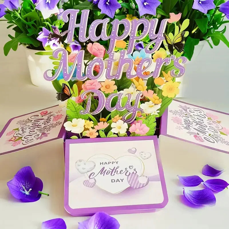3D Purple Floral Pop-up Mother's Day Card with Envelope – Laser Cut Gift for Mum