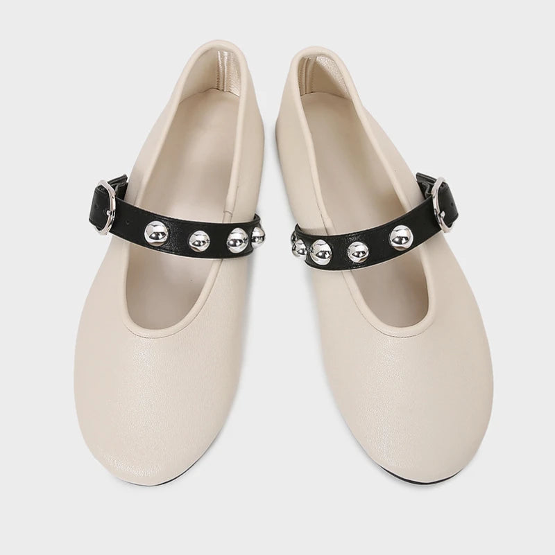 Ballet Flats for Ladies 2025 Spring Rivet Design Buckle Strap Soft Leather Women Footwear Light Comfortable Leisure Female Shoes
