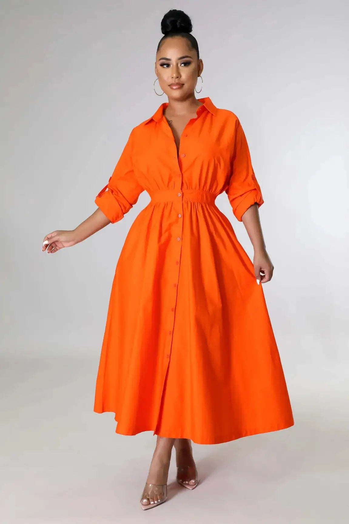 AJ4383 Women's Fashionable Micro-Popping Shirt Dress Loose-Fit Long Sleeve Long Dress European And American Style