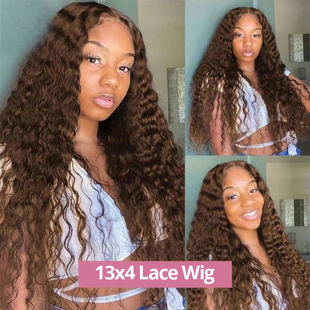 Chocolate Brown Deep Wave 13x6 Lace Front Wig Human Hair Curly #4 Colored Transparent 13x4 Lace Frontal Wig For Women Brazilian