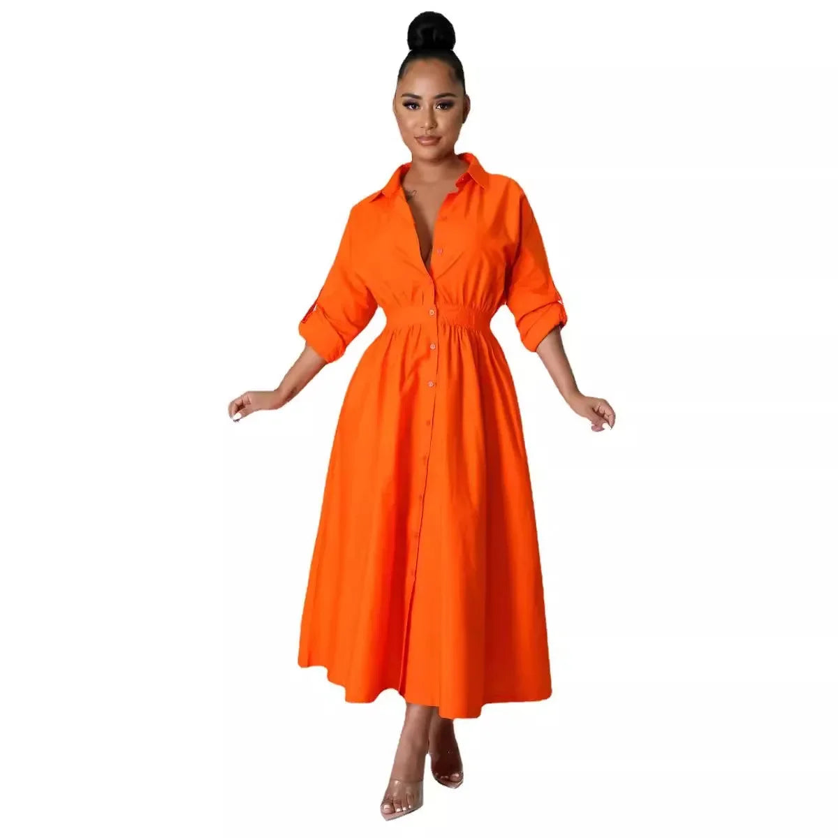 AJ4383 Women's Fashionable Micro-Popping Shirt Dress Loose-Fit Long Sleeve Long Dress European And American Style
