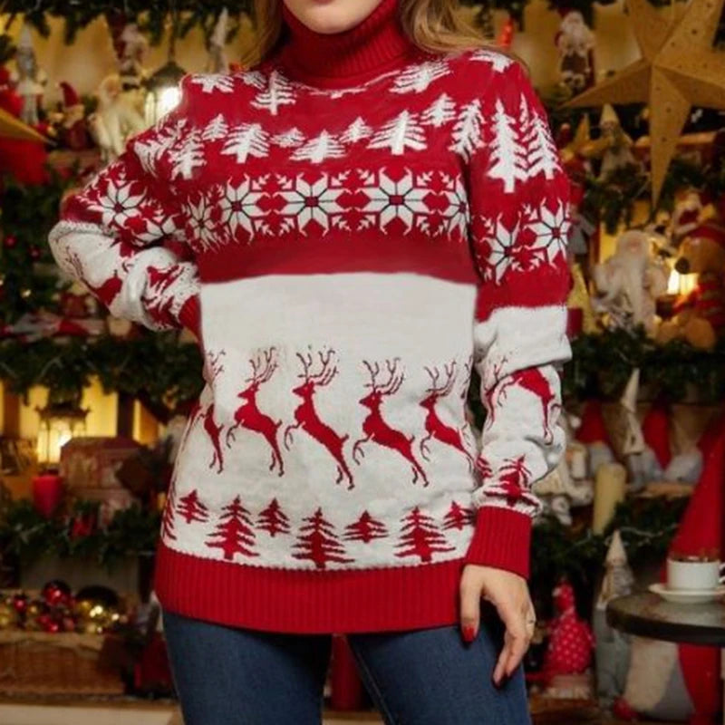 2025 New Christmas Family Look Mother Father Kids Matching Sweaters Warm Thick Turtleneck Knitwear Mom Knitted Dress Xmas Outfit