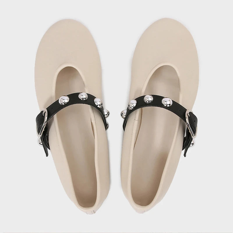 Ballet Flats for Ladies 2025 Spring Rivet Design Buckle Strap Soft Leather Women Footwear Light Comfortable Leisure Female Shoes