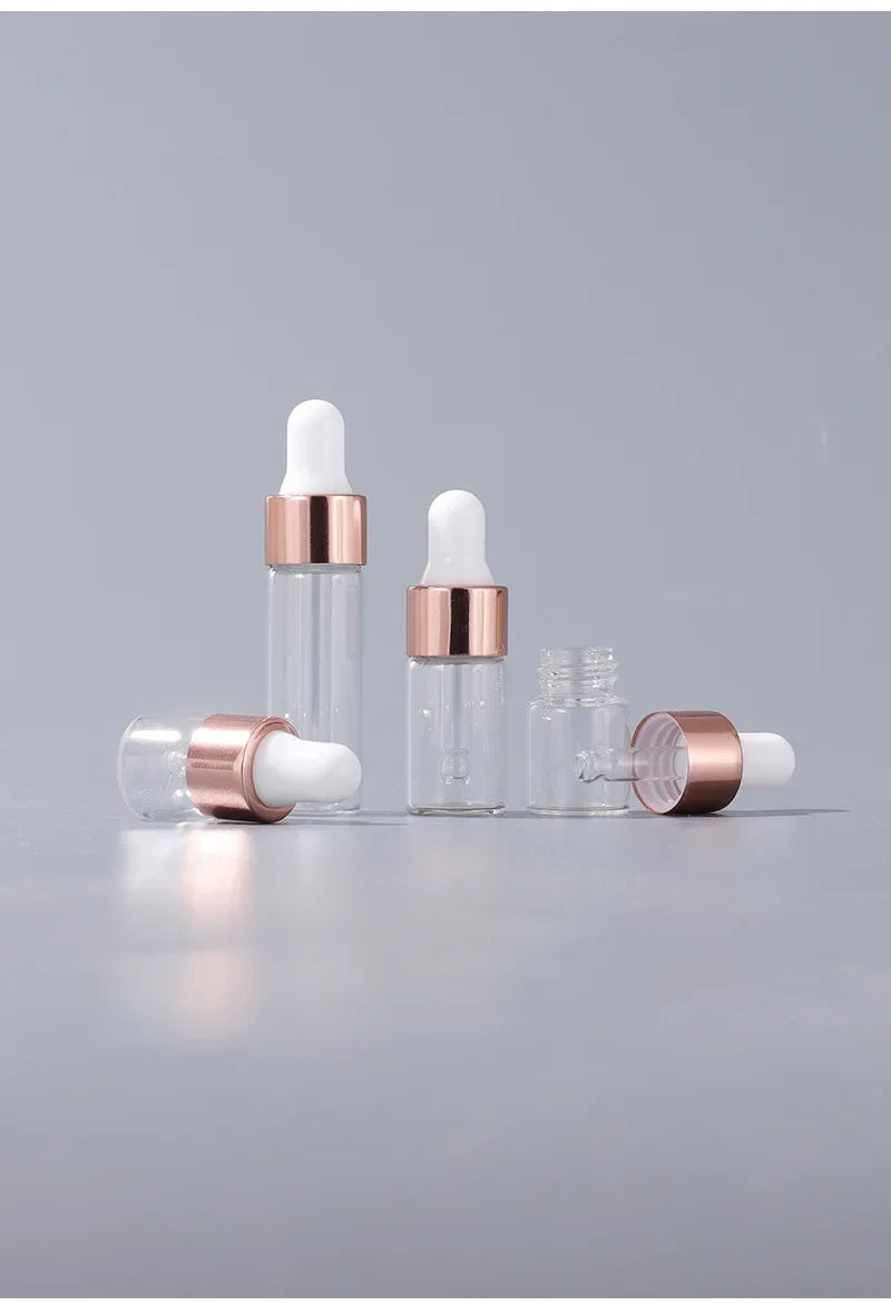 10/20pcs Mini Dropper Bottles Glass Empty Essential Oil Aromatherapy Bottles Rose Gold Cap Pipettes Bottles 1ml 2ml 3ml 5ml