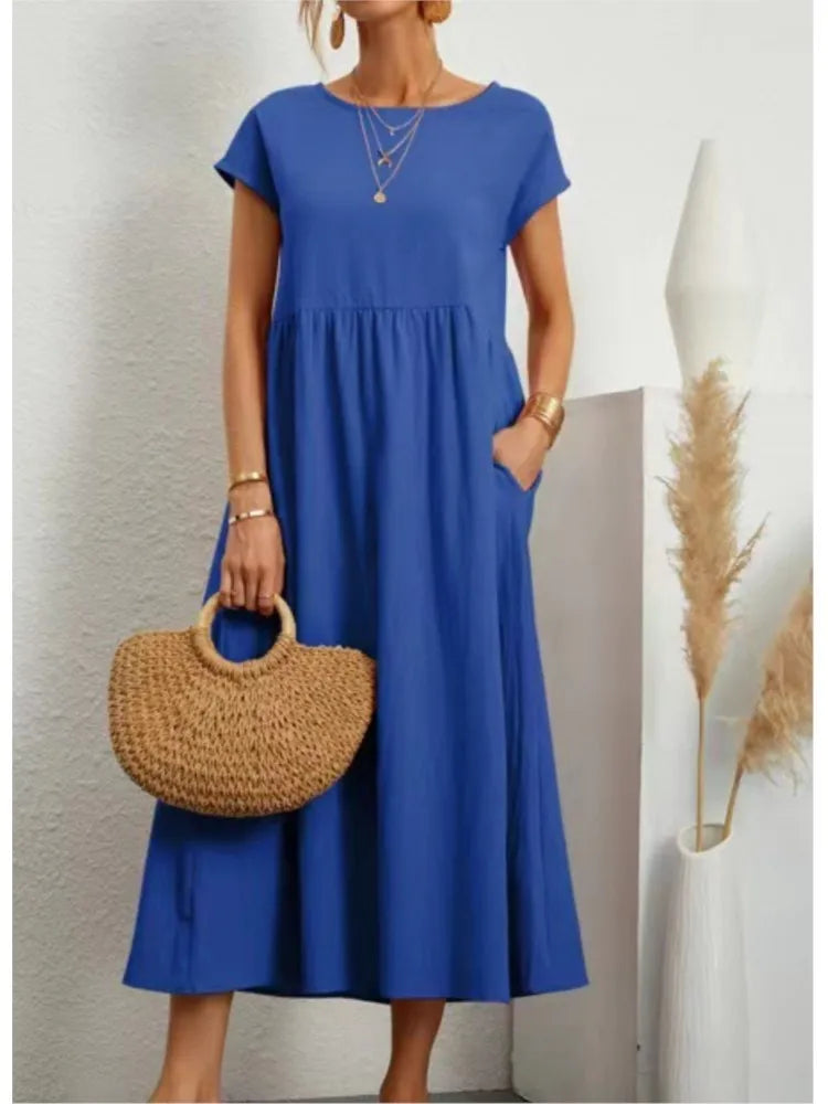 Women's Casual White Short Sleeve Midi Dress Summer Round Neck Cotton And Linen Vintage Loose Long Dresses With Pockets Y2K