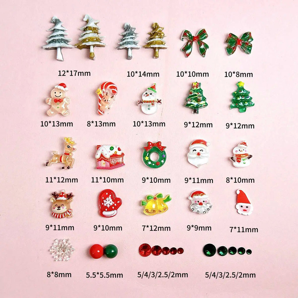 1 Box Cute Cartoon Resin Christmas Series Nail Charms Santa Claus Snowman Bow Rhinestone Nail Art Decoration For Manicure DIY