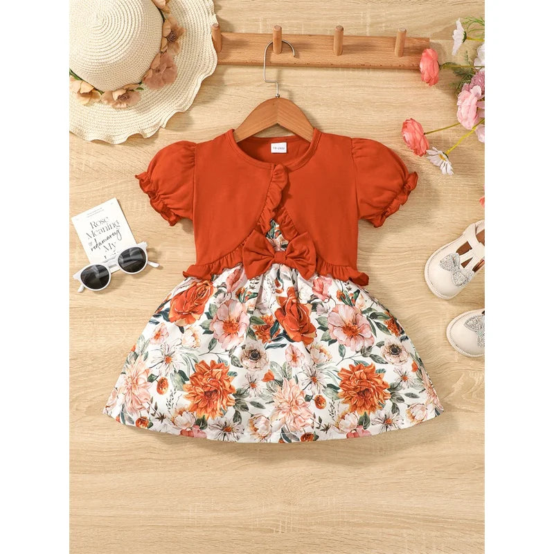 Clothes for Kids Girl 1-6 Years 2PCS Set Sling Floral Dress Solid Short Sleeves Overcoat Costume Summer Dress Girl Outfit