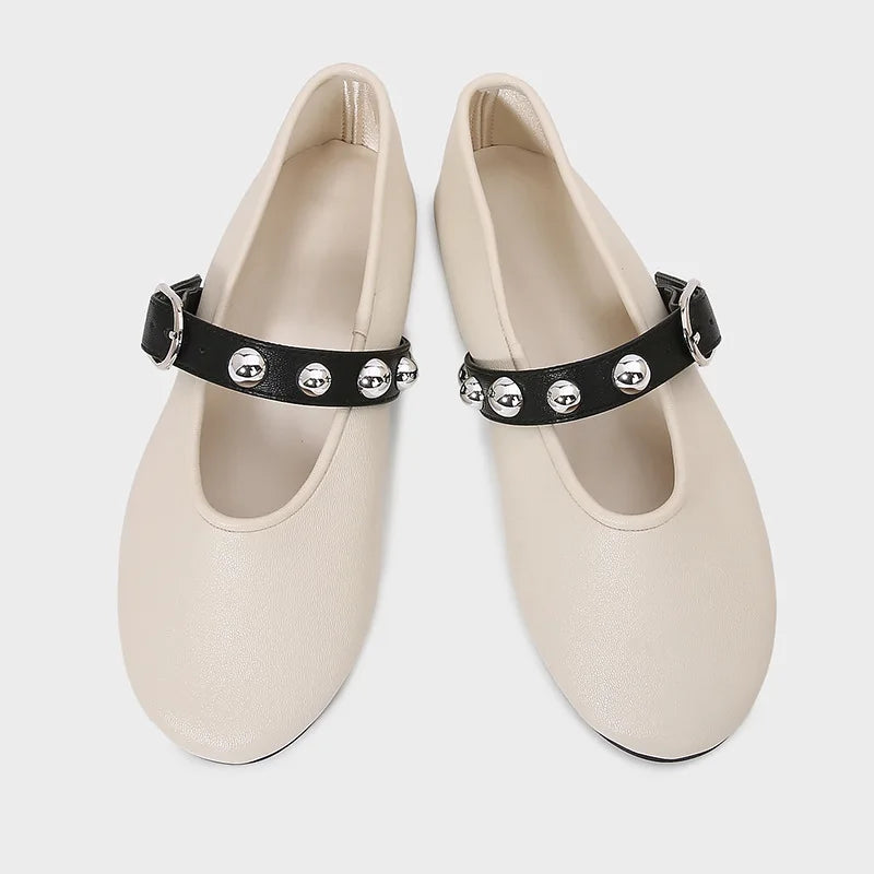 Ballet Flats for Ladies 2025 Spring Rivet Design Buckle Strap Soft Leather Women Footwear Light Comfortable Leisure Female Shoes