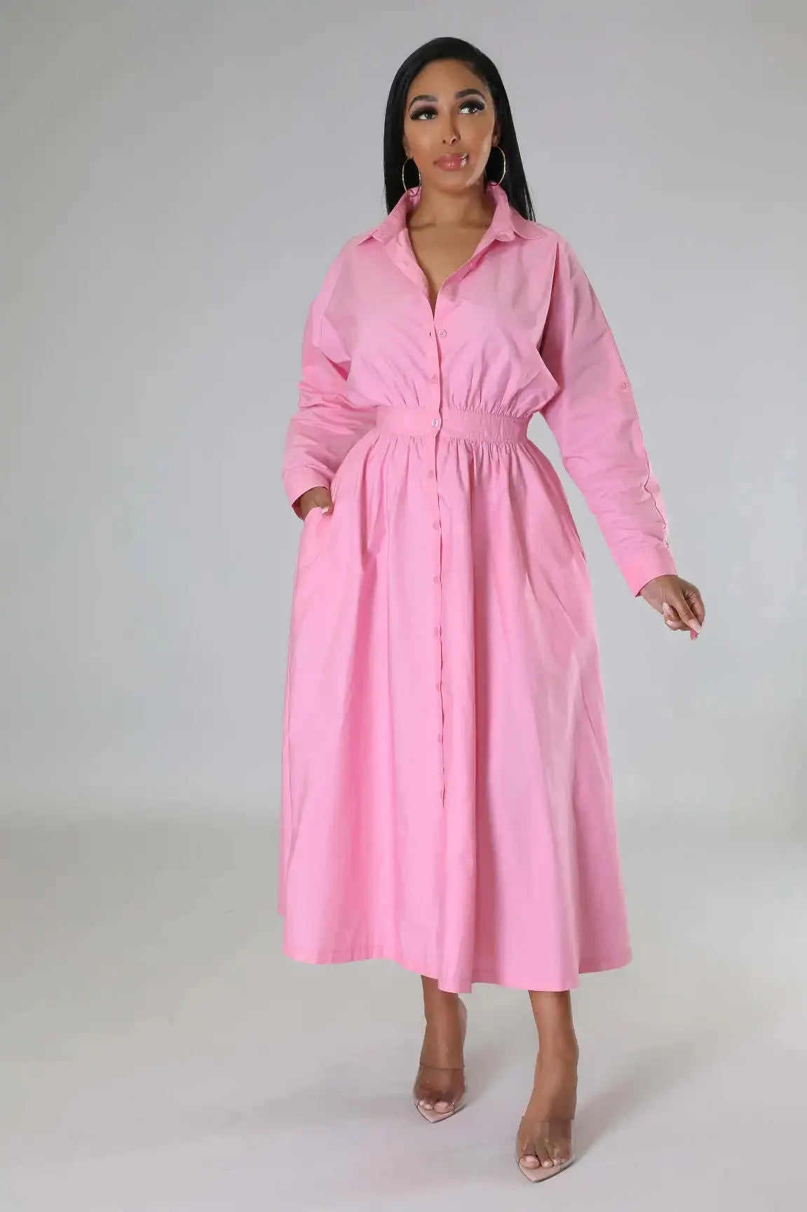 AJ4383 Women's Fashionable Micro-Popping Shirt Dress Loose-Fit Long Sleeve Long Dress European And American Style