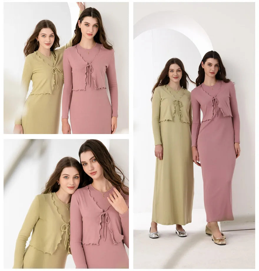 AS 2024 summer woman clothes lettuce cardigan + dress Ruffle Maxi Set nature fiber brand ribbing fabric(ship out in 1 day)