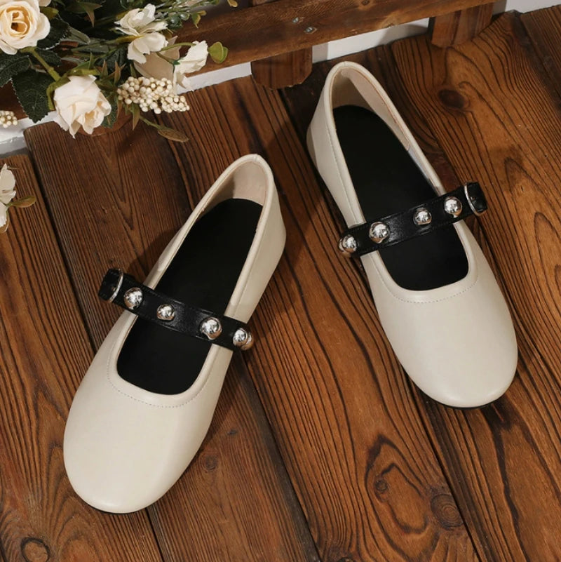 Ballet Flats for Ladies 2025 Spring Rivet Design Buckle Strap Soft Leather Women Footwear Light Comfortable Leisure Female Shoes