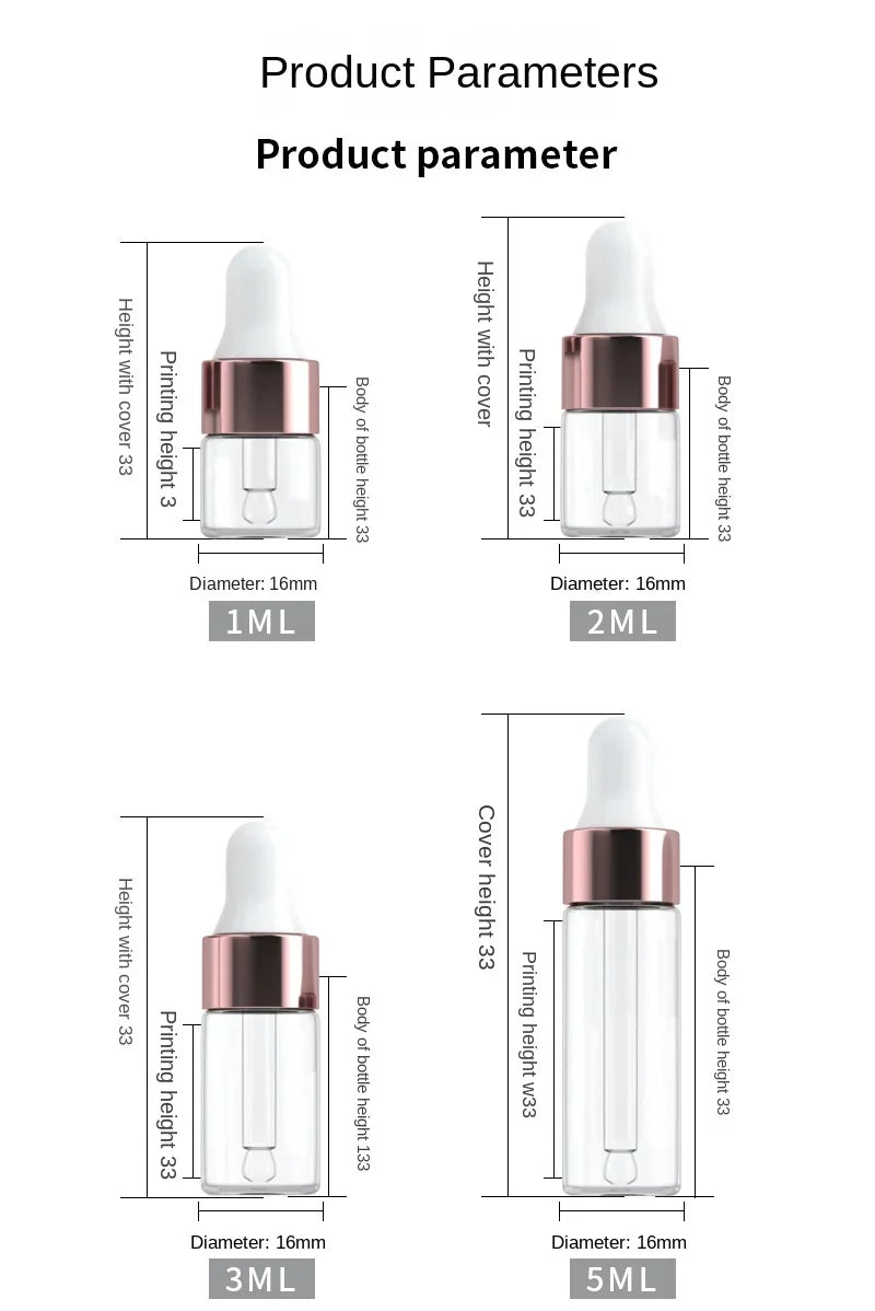 10/20pcs Mini Dropper Bottles Glass Empty Essential Oil Aromatherapy Bottles Rose Gold Cap Pipettes Bottles 1ml 2ml 3ml 5ml