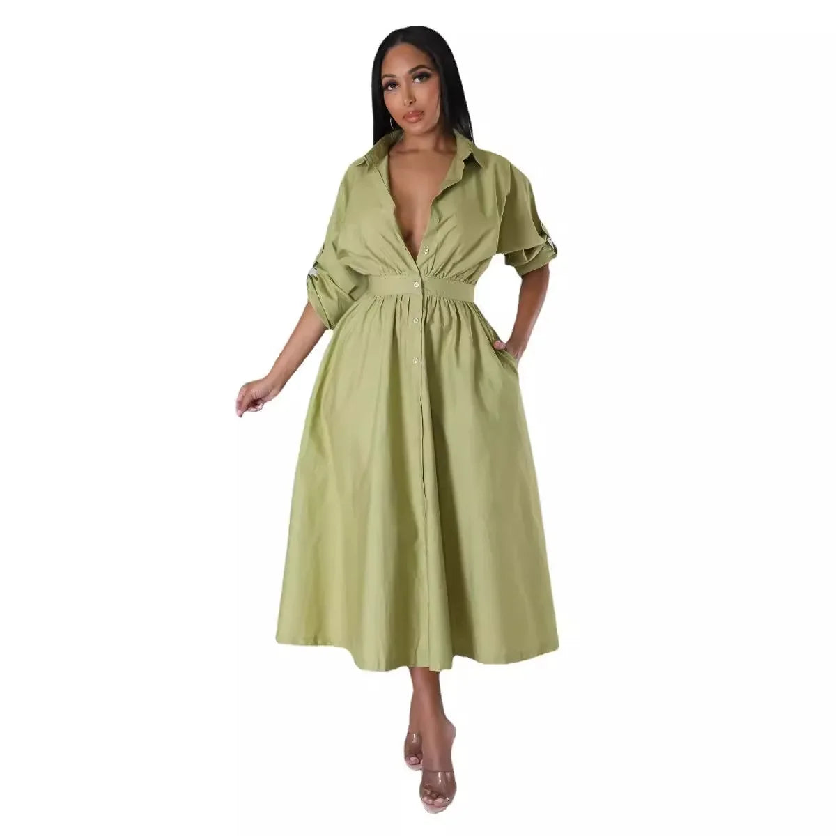 AJ4383 Women's Fashionable Micro-Popping Shirt Dress Loose-Fit Long Sleeve Long Dress European And American Style
