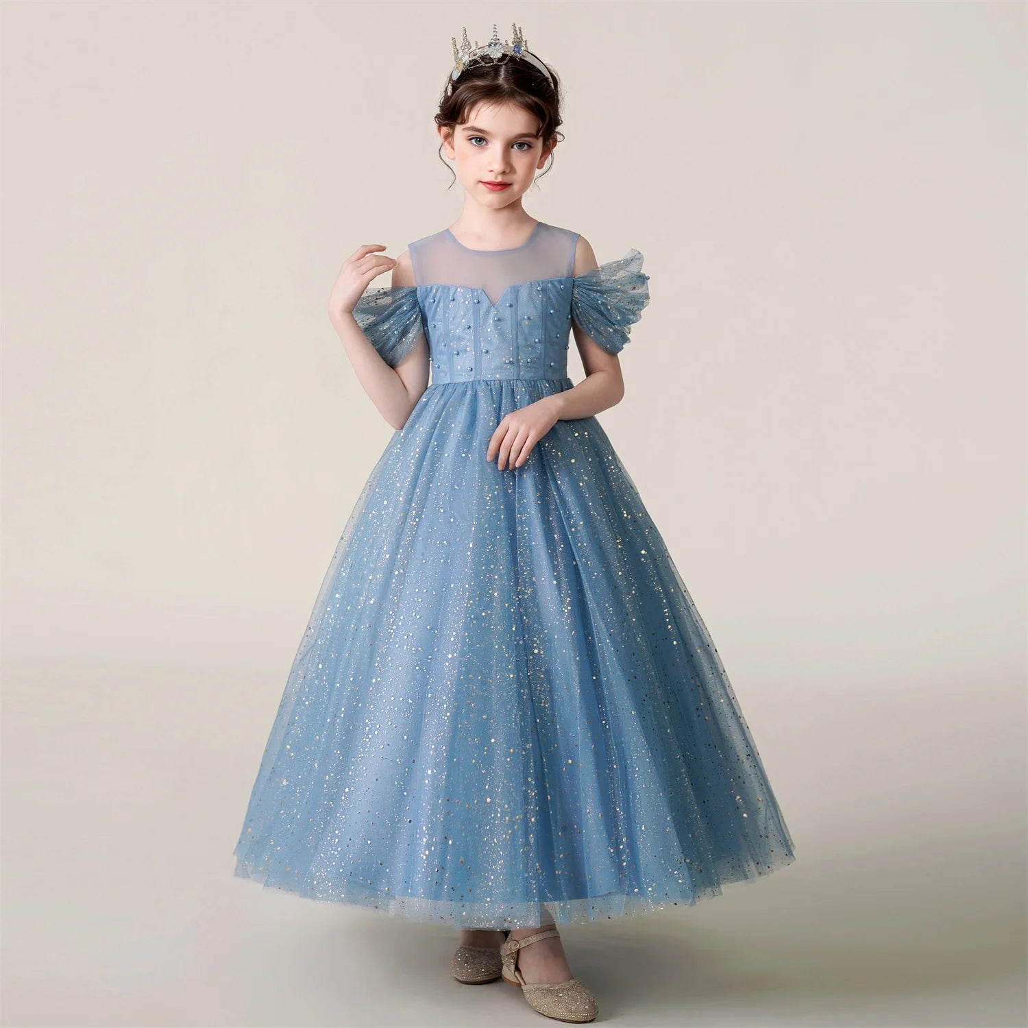 3-12 Year Children Pink Mesh Long Dress Wedding Dress Girl Princess Dress Girl Birthday Party Evening Dresses