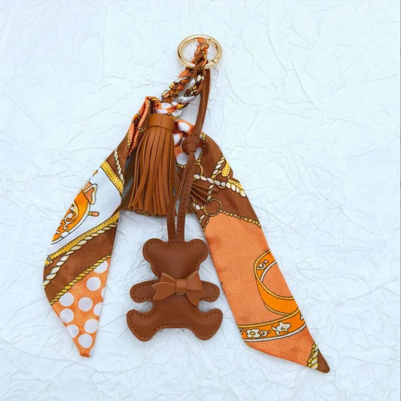 Bear Pendant Bag Charm with Korean Silk Scarf – Women's Bag Accessory & Gift
