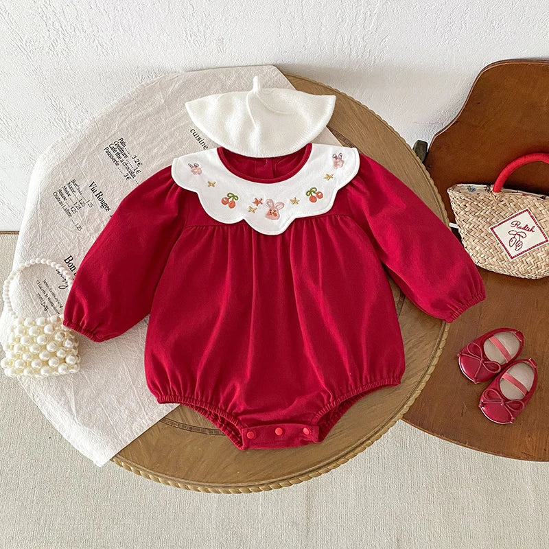 Christmas Newborn Kids Baby Girls Embroidered Rabbit Sweet New Year Gift Princess Rompers Infant New Baby Girls Rompers Clothes