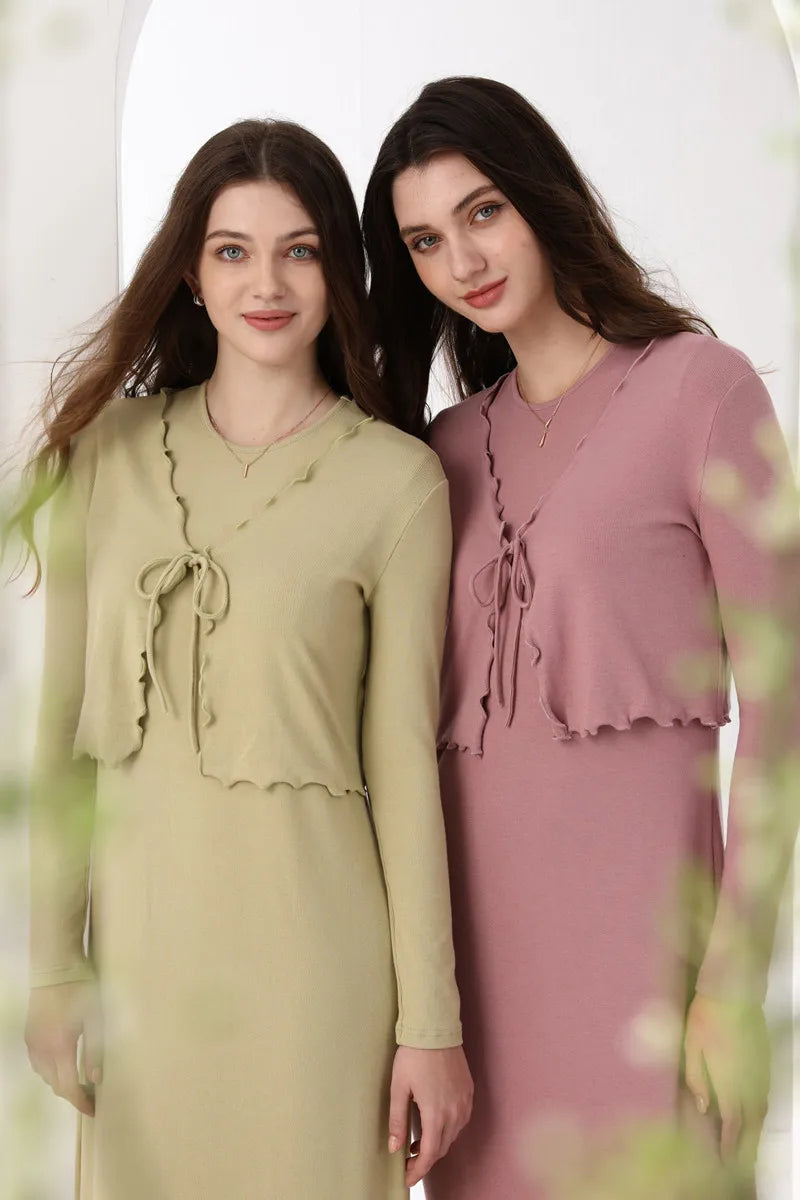 AS 2024 summer woman clothes lettuce cardigan + dress Ruffle Maxi Set nature fiber brand ribbing fabric(ship out in 1 day)