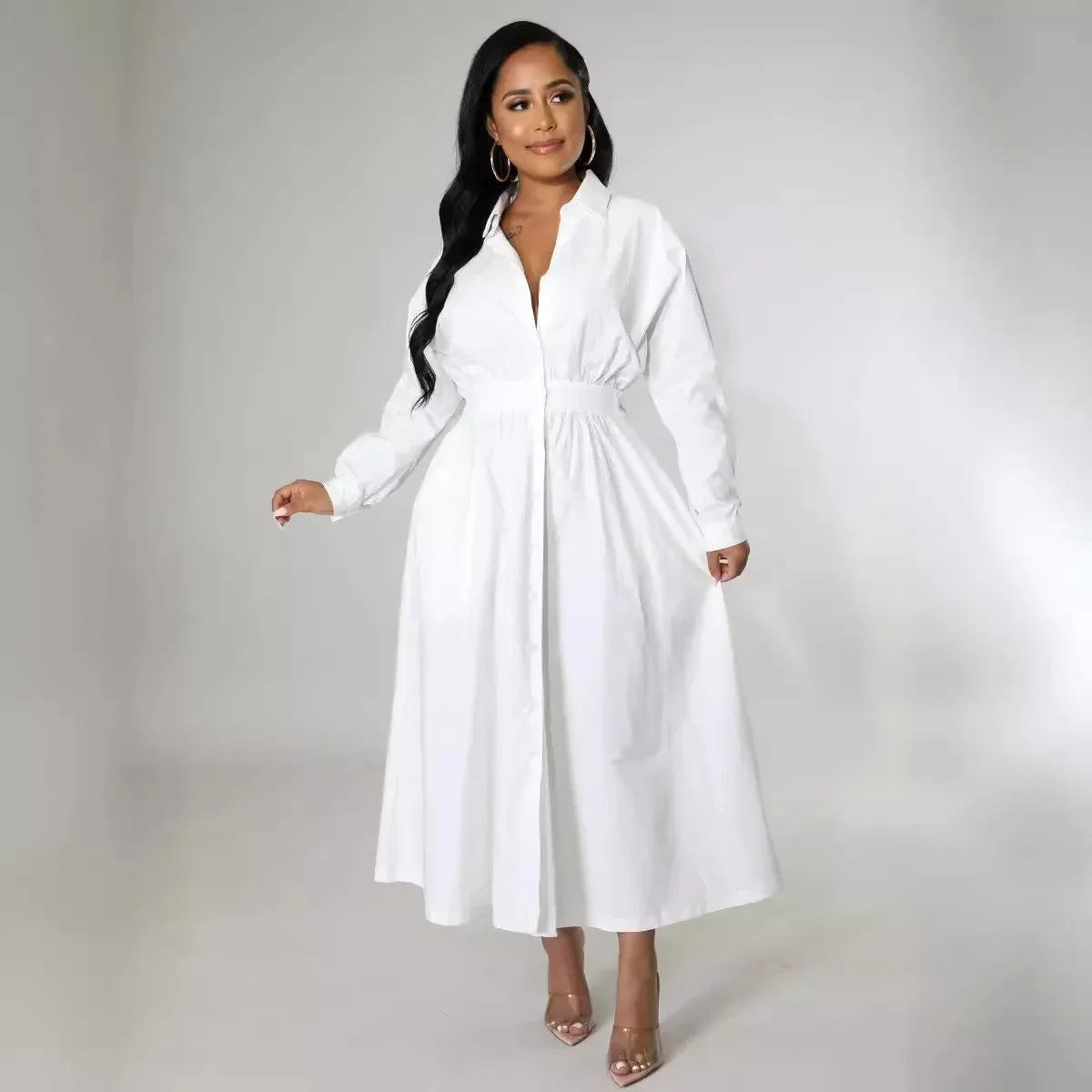 AJ4383 Women's Fashionable Micro-Popping Shirt Dress Loose-Fit Long Sleeve Long Dress European And American Style