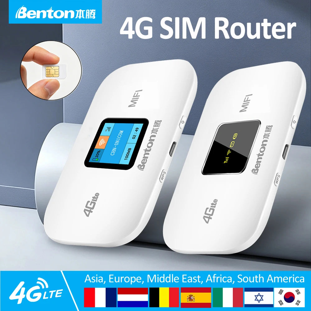 Benton Plug Play M100 2050/3000mAh 4G LTE Portable Travel Router 150Mbps 4G SIM Card WiFi Router for Home Travel RV Car SOHO