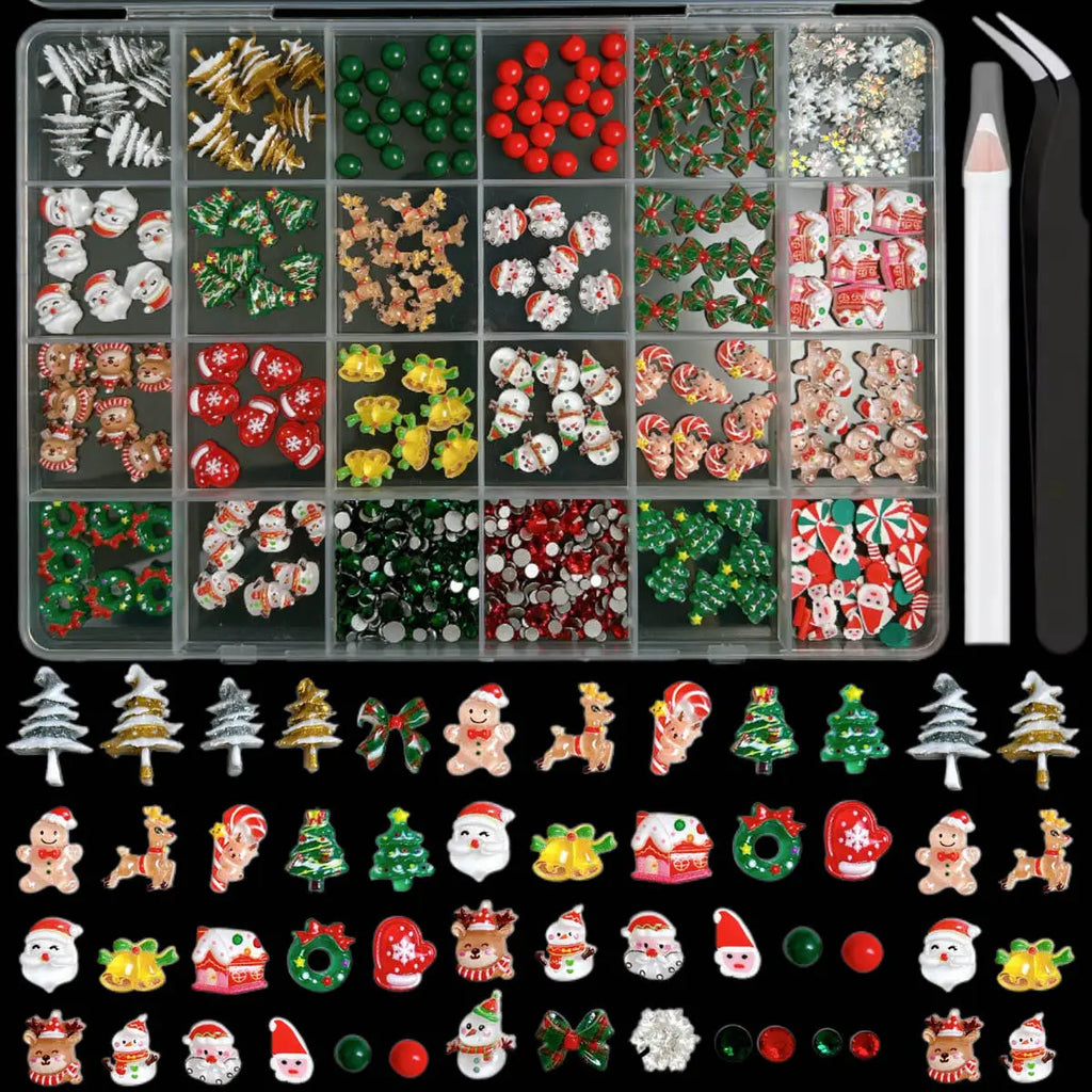 1 Box Cute Cartoon Resin Christmas Series Nail Charms Santa Claus Snowman Bow Rhinestone Nail Art Decoration For Manicure DIY