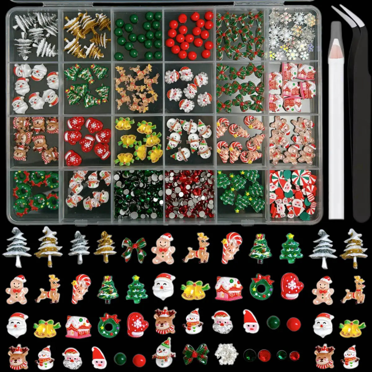 1 Box Cute Cartoon Resin Christmas Series Nail Charms Santa Claus Snowman Bow Rhinestone Nail Art Decoration For Manicure DIY