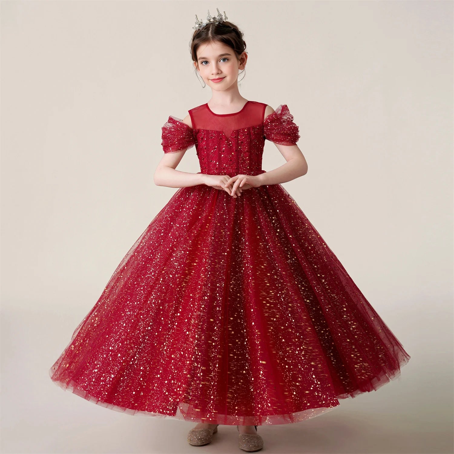 3-12 Year Children Pink Mesh Long Dress Wedding Dress Girl Princess Dress Girl Birthday Party Evening Dresses