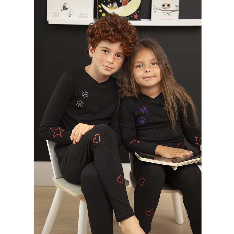 Ali-Plus Kids Embroidery Ribbed Cotton Collection Sibling Clothing Girl Boy Sets Bro Sis Pajamas Full Sleeve For Winter Children