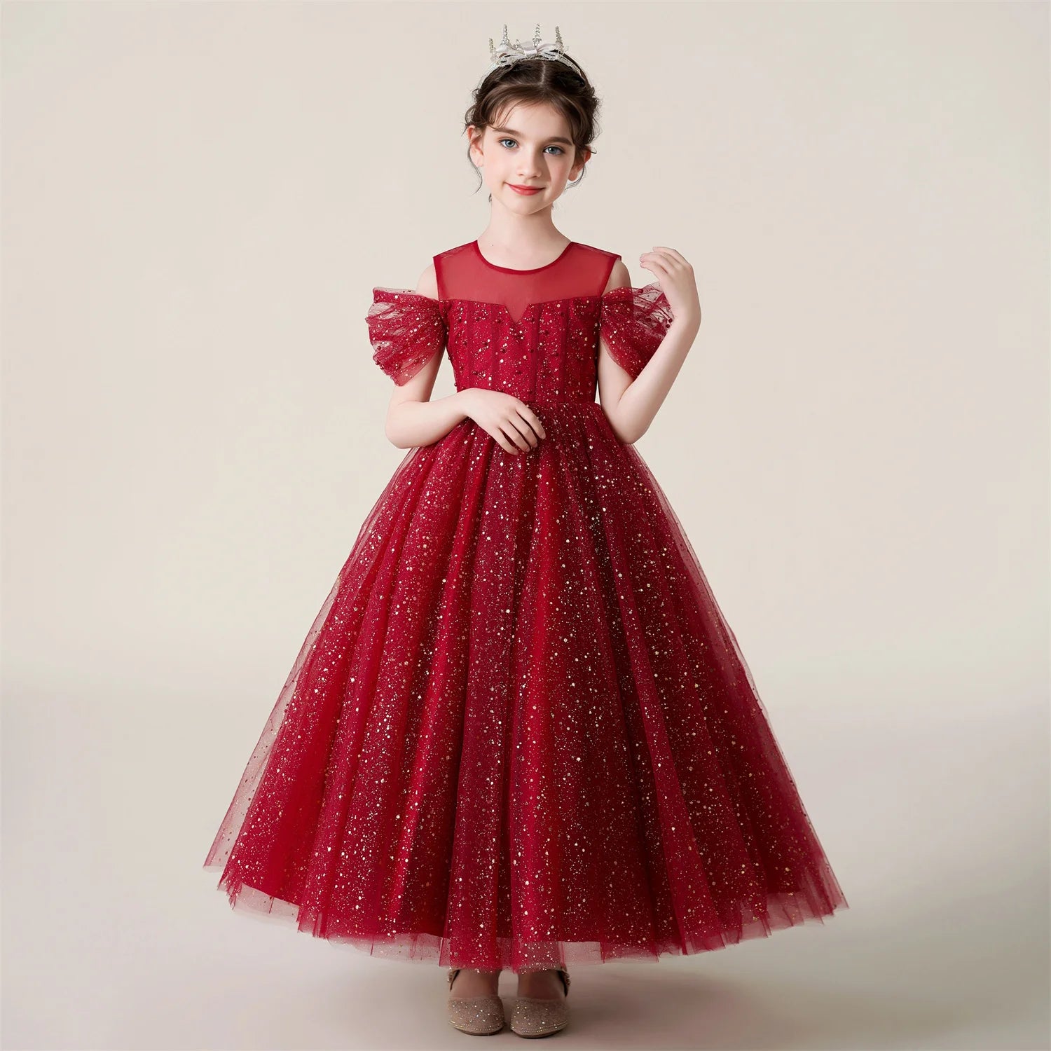 3-12 Year Children Pink Mesh Long Dress Wedding Dress Girl Princess Dress Girl Birthday Party Evening Dresses