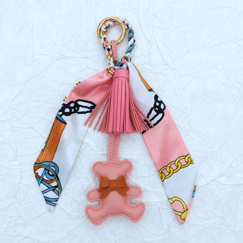 Bear Pendant Bag Charm with Korean Silk Scarf – Women's Bag Accessory & Gift