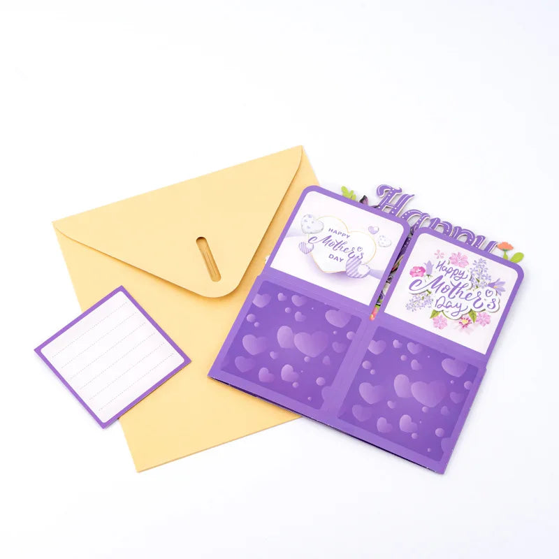 3D Purple Floral Pop-up Mother's Day Card with Envelope – Laser Cut Gift for Mum