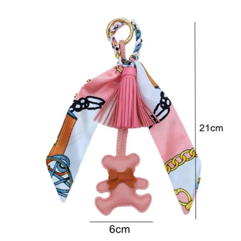 Bear Pendant Bag Charm with Korean Silk Scarf – Women's Bag Accessory & Gift