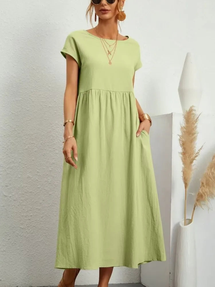 Women's Casual White Short Sleeve Midi Dress Summer Round Neck Cotton And Linen Vintage Loose Long Dresses With Pockets Y2K