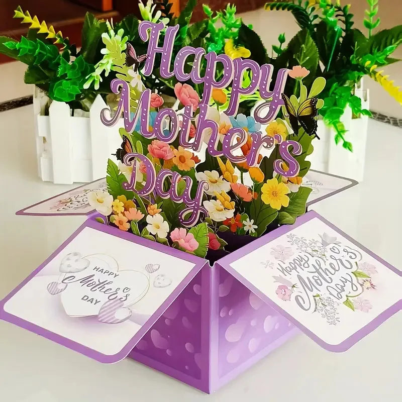 3D Purple Floral Pop-up Mother's Day Card with Envelope – Laser Cut Gift for Mum