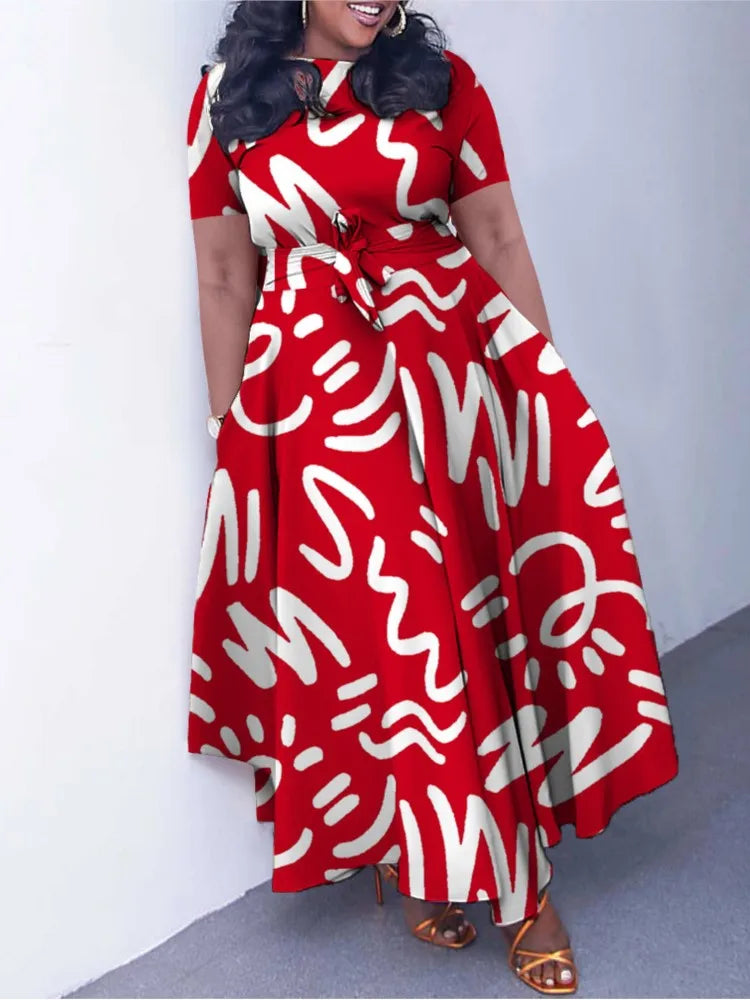 Casual Short Sleeve Woman Dress Office Lady Spring Summer Fashion Casual Loose Print Lace Up Dresses For Women 2024 Female Robe