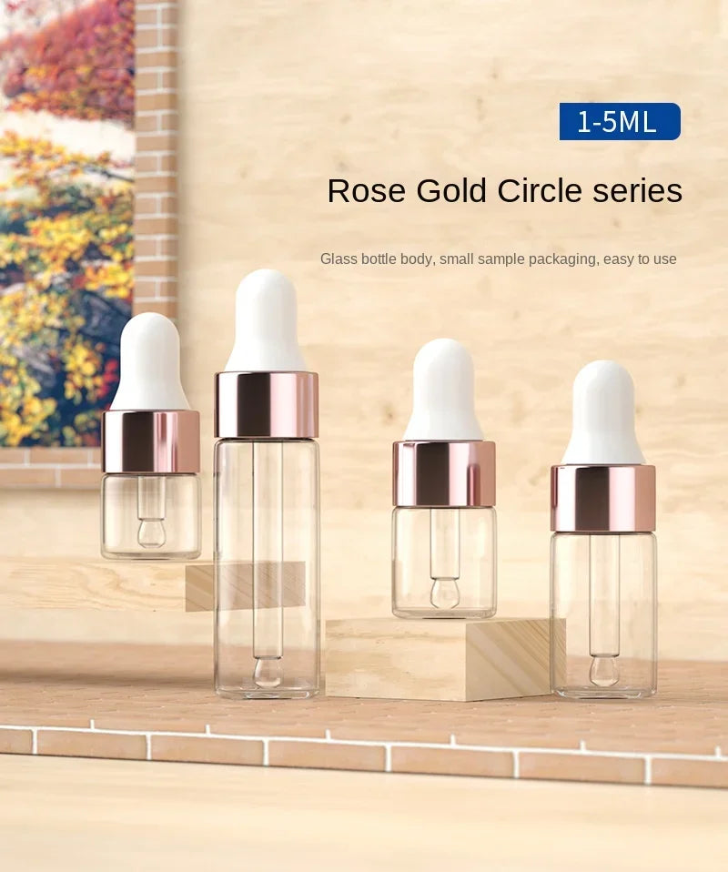 10/20pcs Mini Dropper Bottles Glass Empty Essential Oil Aromatherapy Bottles Rose Gold Cap Pipettes Bottles 1ml 2ml 3ml 5ml