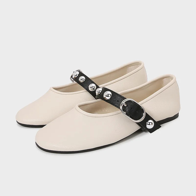 Ballet Flats for Ladies 2025 Spring Rivet Design Buckle Strap Soft Leather Women Footwear Light Comfortable Leisure Female Shoes