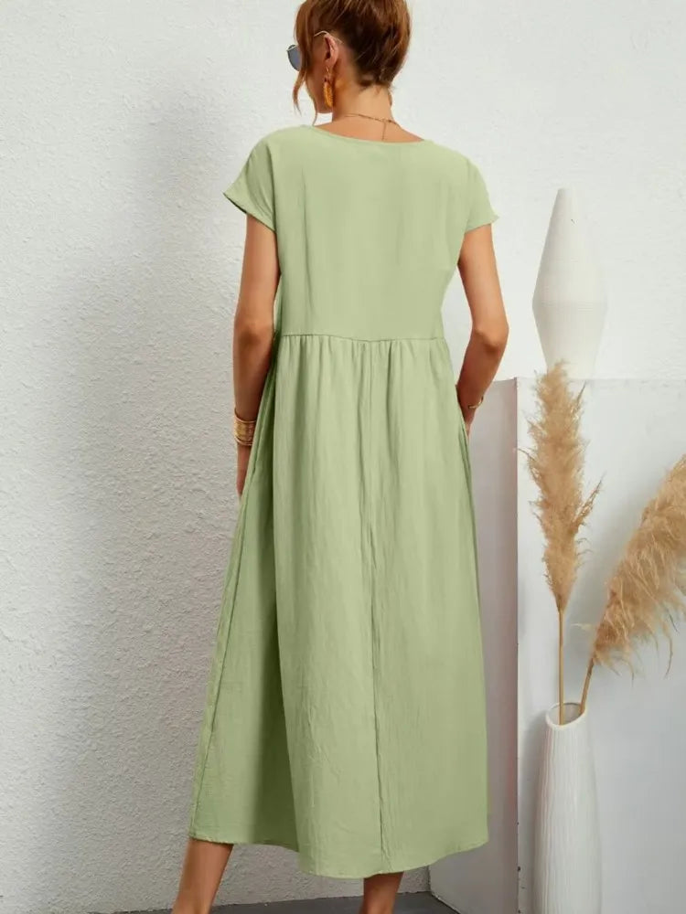 Women's Casual White Short Sleeve Midi Dress Summer Round Neck Cotton And Linen Vintage Loose Long Dresses With Pockets Y2K