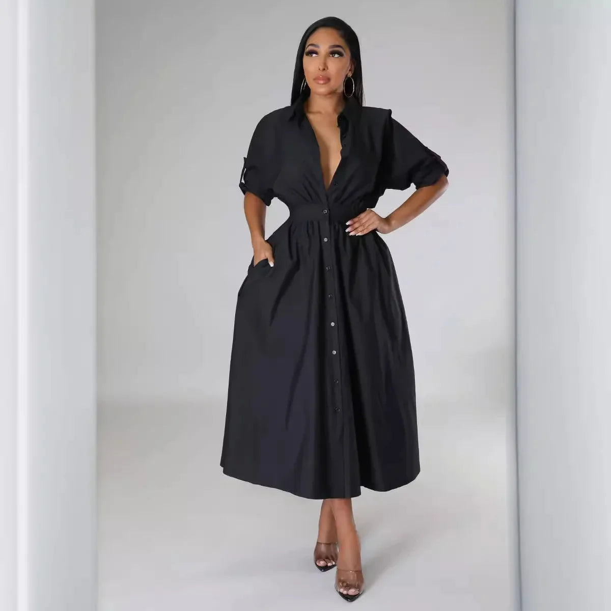 AJ4383 Women's Fashionable Micro-Popping Shirt Dress Loose-Fit Long Sleeve Long Dress European And American Style
